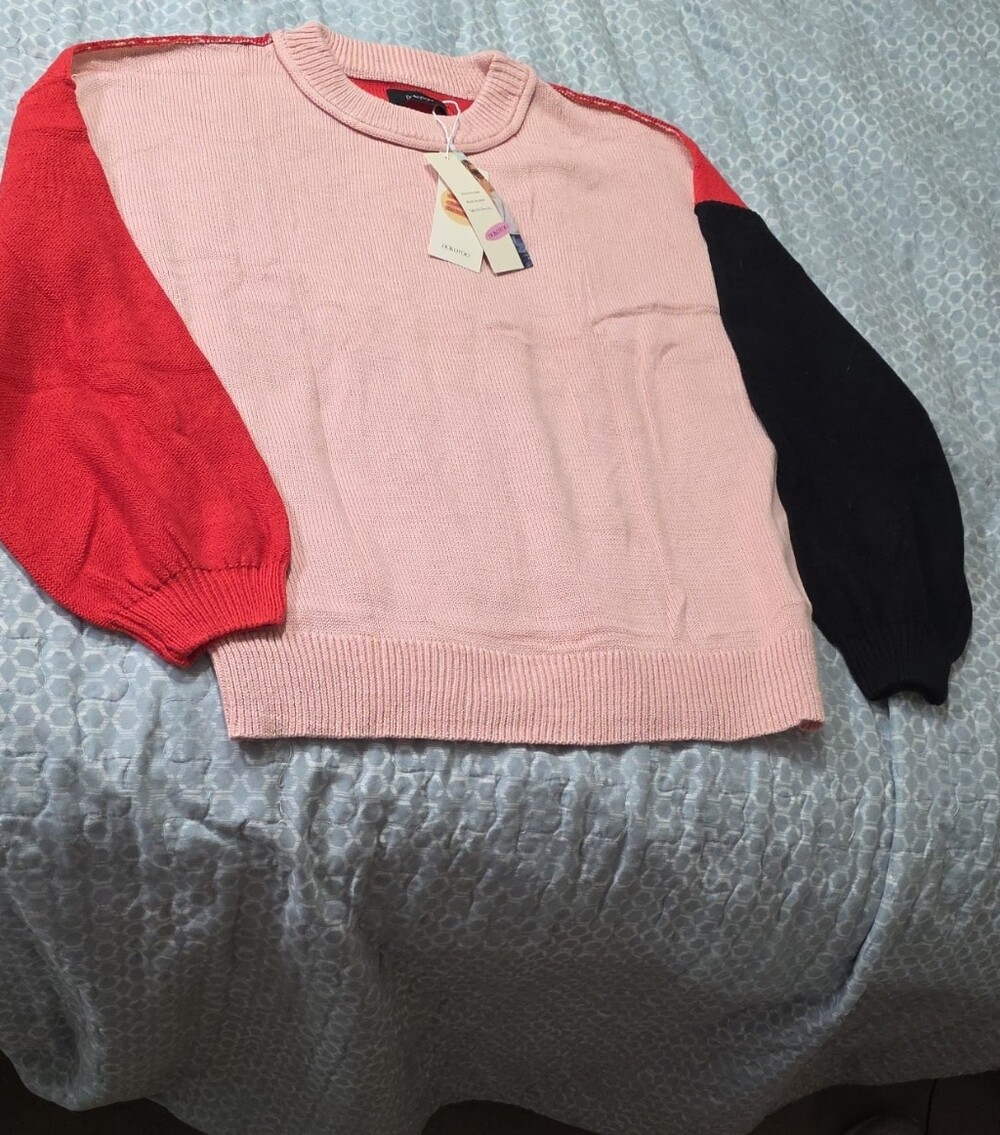 Colorblock Crewneck Sweater in Pink with Red and Black Sleeves
